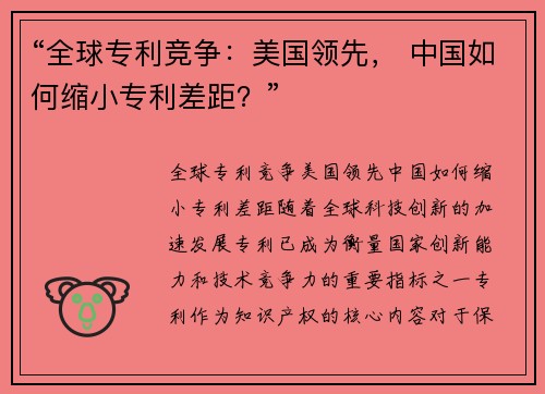 “全球专利竞争：美国领先， 中国如何缩小专利差距？”