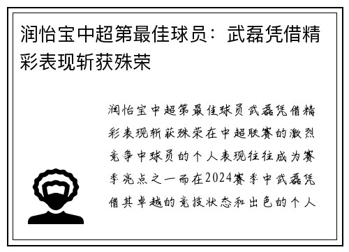 润怡宝中超第最佳球员：武磊凭借精彩表现斩获殊荣