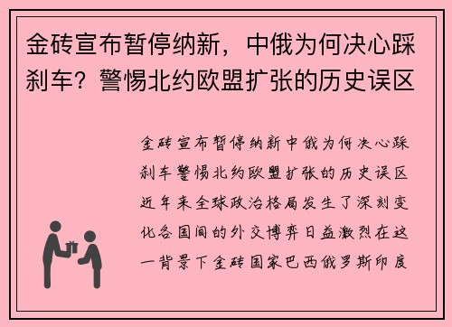 金砖宣布暂停纳新，中俄为何决心踩刹车？警惕北约欧盟扩张的历史误区