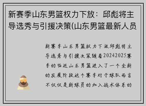 新赛季山东男篮权力下放：邱彪将主导选秀与引援决策(山东男篮最新人员调整)