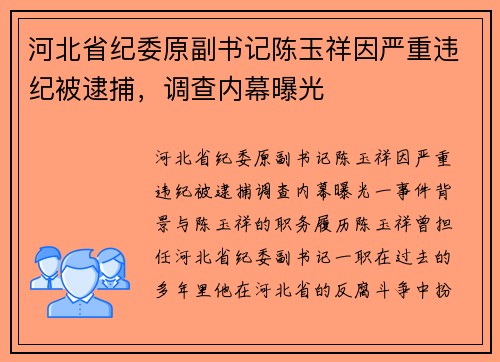 河北省纪委原副书记陈玉祥因严重违纪被逮捕，调查内幕曝光