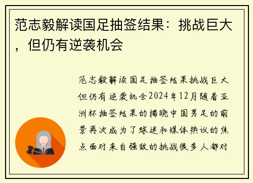 范志毅解读国足抽签结果：挑战巨大，但仍有逆袭机会