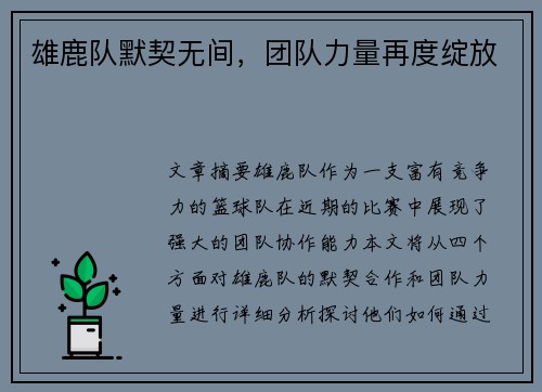 雄鹿队默契无间，团队力量再度绽放