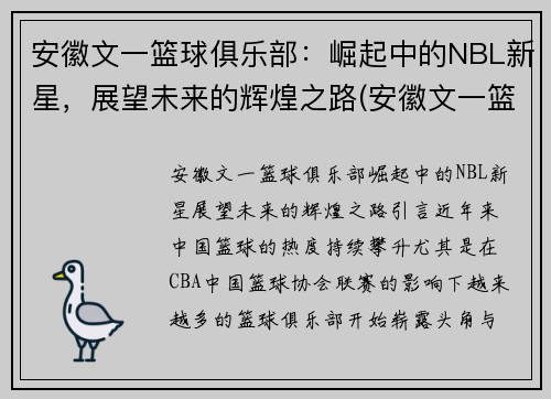 安徽文一篮球俱乐部：崛起中的NBL新星，展望未来的辉煌之路(安徽文一篮球训练基地)