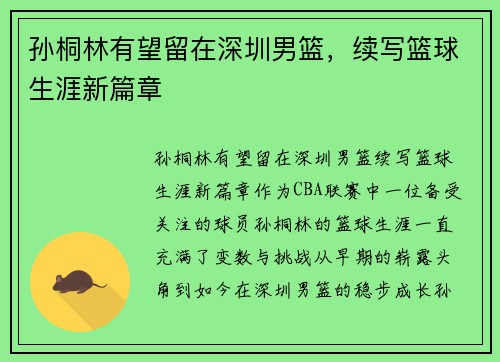 孙桐林有望留在深圳男篮，续写篮球生涯新篇章