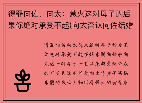 得罪向佐、向太：惹火这对母子的后果你绝对承受不起(向太否认向佐结婚)