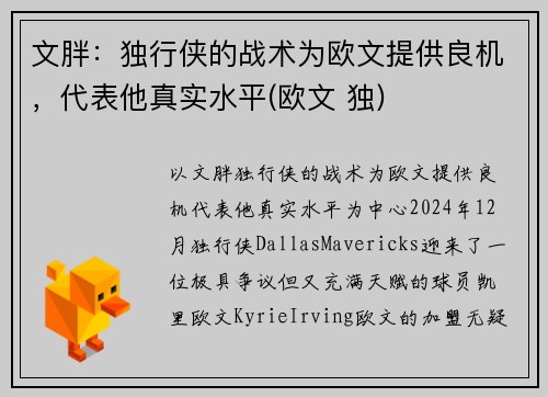 文胖：独行侠的战术为欧文提供良机，代表他真实水平(欧文 独)