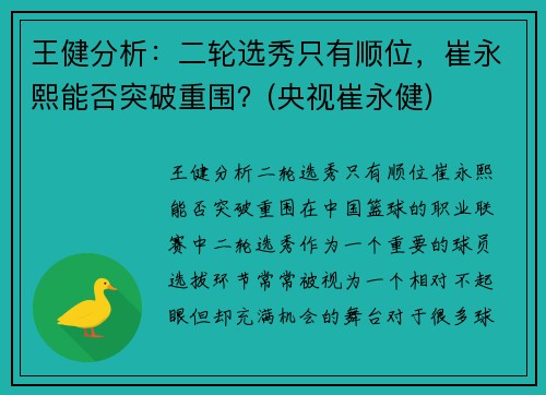 王健分析：二轮选秀只有顺位，崔永熙能否突破重围？(央视崔永健)